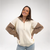 Taupe & Ivory Quarter Zip Sweater