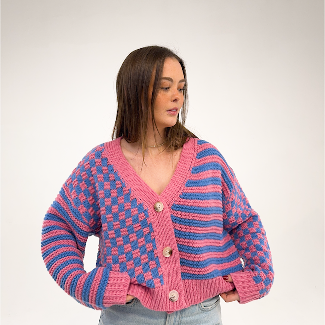 Checkered & Striped Blue/Pink Cardigan